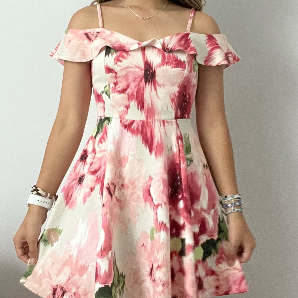 Juniors Floral Pattern Off the Shoulder Emerald Sundae Dress